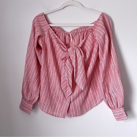 Free People Hello There Beautiful Off Shoulder Red Cream Striped Relaxed Top - Picture 5 of 15